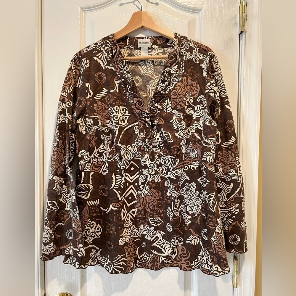 Chico's Blouse Womens Sz 2/M Brown Floral V-Neck Long Sleeve Casual 100% Cotton